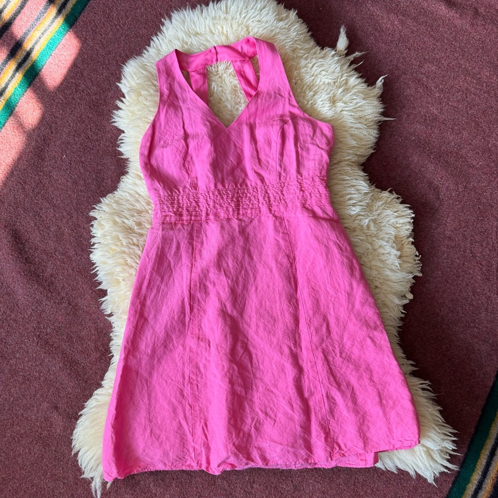Vintage 90s linen blend Pink Halter Neck Dress